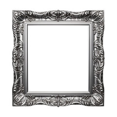 silver antique ornate rectangle photo frame isolated on a transparent background, vintage vertical silver baroque Victorian style frame mockup