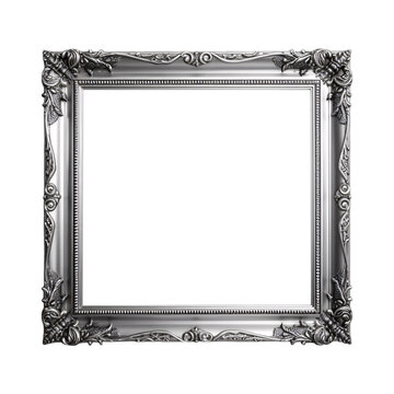vintage silver photo frame isolated on a transparent background, antique vertical silver baroque Victorian style frame mockup