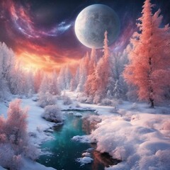 stunning romantic glorious space winter landscape, intense, stylized, fantastic, detailed, high resolution