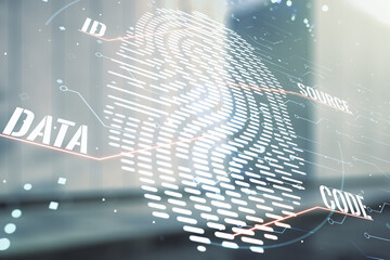 Double exposure of virtual creative fingerprint hologram on contemporary business center exterior background, protection of personal information concept