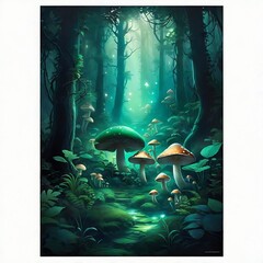 Magical Mushrooms in a dark mystery forest , Mushroom neon illustration in dark background. Generated By AI.