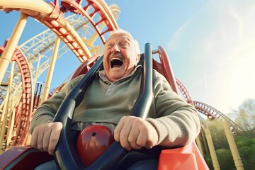 Portrait old men playing Roller Coaster at amusement park