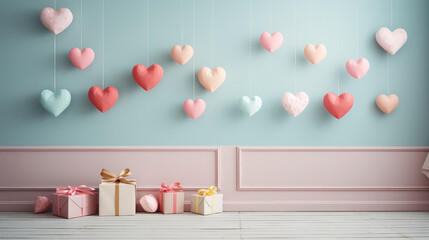 Romantic pastel decor featuring many paper hearts hanging in a mobile. This expressive arrangement adds a touch of joy and love, creating a unique and beautiful backdrop for your special occasions. - obrazy, fototapety, plakaty