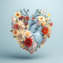 Love concept made of human heart and fresh spring flowers. Idea for Valentine's Day or March 8.
