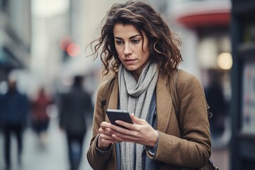 A young woman checks her cell phone, on the street, a sad winter day.