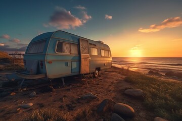 An old caravan parked next to the beach, permanent home of nomads, during a beautiful sunrise.