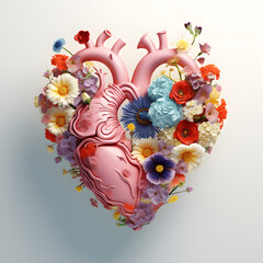 Love concept made of human heart and fresh spring flowers. Idea for Valentine's Day or March 8.
