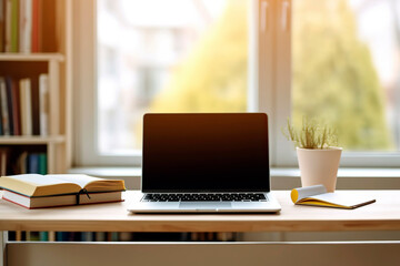 An open laptop with a black screen, on a study table with books, in front of a bright out-of-focus window.
