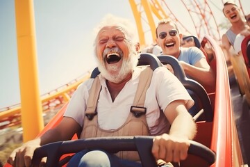 Portrait old men playing Roller Coaster at amusement park - obrazy, fototapety, plakaty