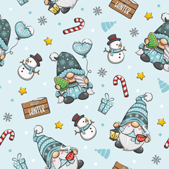Seamless Pattern Winter Gnome, Christmas Gnome. Cute Cartoon Illustration