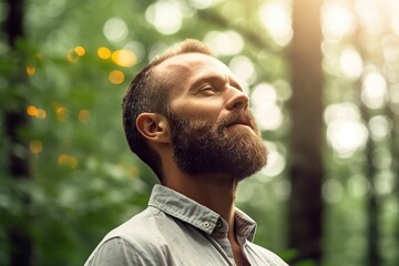 A mature man breathes relaxed in a forest, freed from worries.