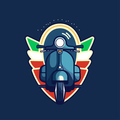 Blue scooter with a red and green emblem on the side. The scooter is the main focus of the image