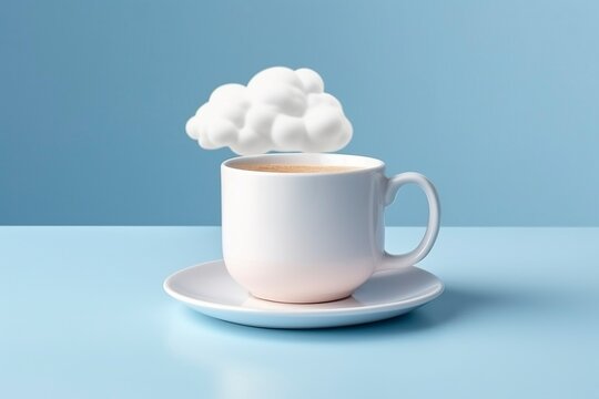 A white cup with hot coffee and a cloud above it, isolated on bluish studio background.