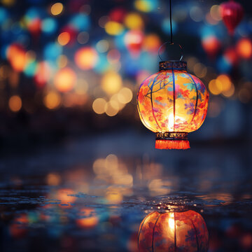Chinese lantern on colorful night light blur background.