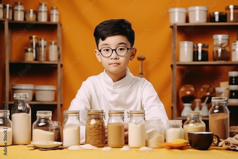 Poster a young boy is sitting at a table surrounded by jars of food. this image can be used to depict conce