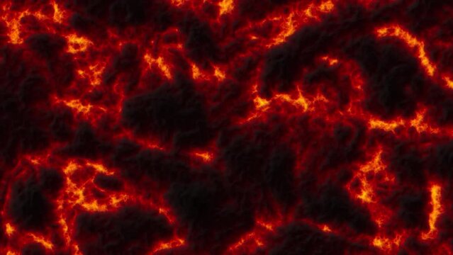 Hot burning volcanic lava flowing down. Volcanic river of orange and black lava particles. Flowing magma. Volcano explosion and eruption. Volcanic blact, big disaster. 3d render. 4k.