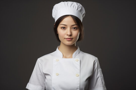 A woman in a chef's uniform poses for a professional photograph. This versatile image can be used for restaurant promotions, culinary blogs, or cooking-related articles.