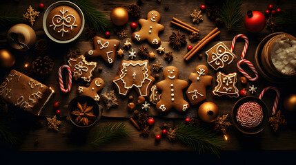Christmas gingerbread cookies decoration background.