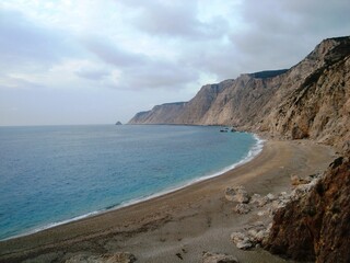Obraz premium Beautiful view of the blue sea and sandy beach Platia Ammos, Kefalonia