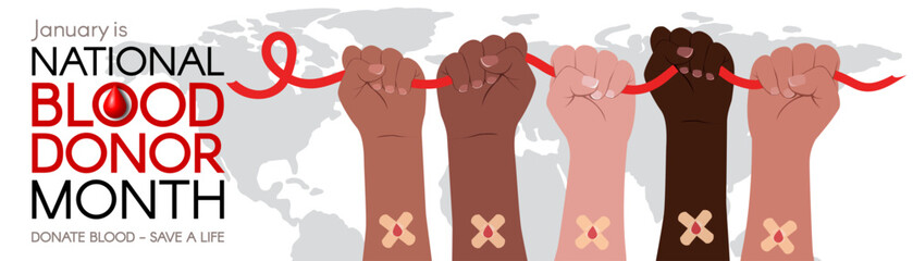 National Blood Donation Month long horizontal banner. Diverse hands hold a red ribbon. Modern flat vector illustration - obrazy, fototapety, plakaty