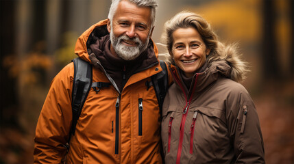 Fototapeta premium Portrait of an older couple in the park.Old couple walking outside in autumn