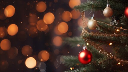 Fototapeta na wymiar Decorated Christmas tree on blurred, sparkling background