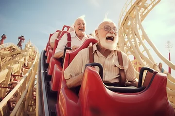 Poster Amusementspark Portrait old men playing Roller Coaster at amusement park