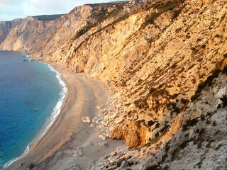 Beautiful view of the blue sea and sandy beach Platia Ammos, Kefalonia
