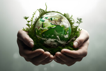 Human hands holding small green earth Globe.Eco concept, earth day