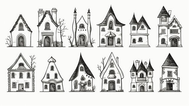 Black and white sketch of different houses. Historic buildings set. White background. Many cottages draw art. Children book doodle style. Lot little real estates. Beautiful architecture painting.
