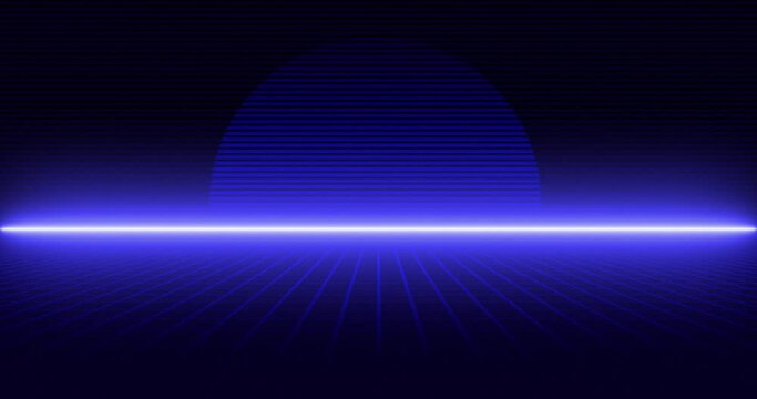 Glowing sci-fi retro cyberpunk sun with grid line motion. Retro Neon sun with grid cyber space background in seamless looped animation of neon pink color.