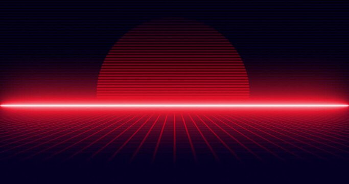 Glowing sci-fi retro cyberpunk sun with grid line motion. Retro Neon sun with grid cyber space background in seamless looped animation of neon red color.