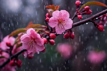 cherry blossom in rainy day, pink sakura flowers in rain. Springtime Concept. Sakura. Valentine's Day Concept with a Copy Space. Mother's Day