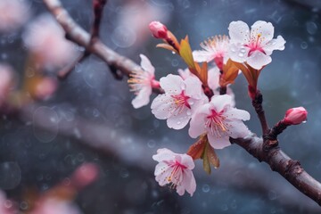cherry blossom in spring with raindrops on the petals. Springtime Concept. Sakura. Valentine's Day Concept with a Copy Space. Mother's Day