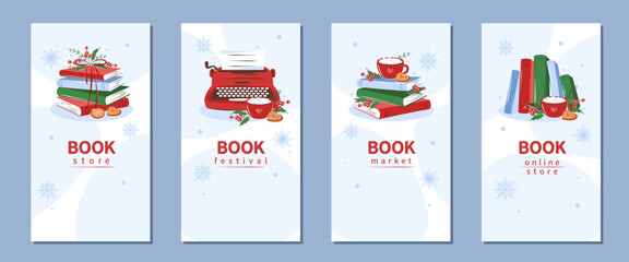 Set of layout design for bookshop, library, bookstore, festival or education. Books in winter design. Vector illustration