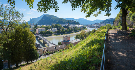 beautiful lookout place at Monchsberg hiking trail, with view to Salzach river and Salzburg old town