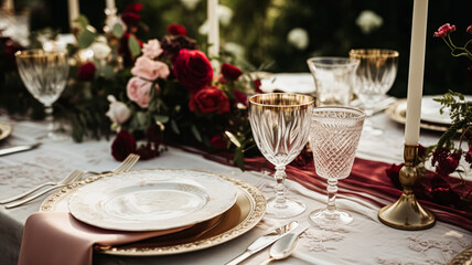 Wedding and event celebration tablescape with flowers, formal dinner table setting with roses and wine, elegant floral table decor for dinner party and holiday decoration, home styling