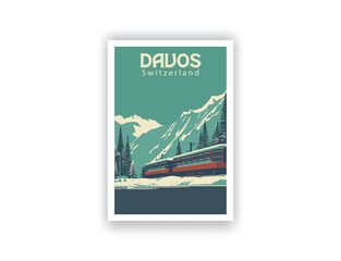 Davos, Switzerland. Vintage Travel Posters. Vector art. Famous Tourist Destinations Posters Art Prints Wall Art and Print Set Abstract Travel for Hikers Campers Living Room Decor