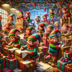 A whimsical and imaginative image depicting a group of cheerful elves busily working together to wrap presents in Santa's workshop.