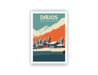 Davos, Switzerland. Vintage Travel Posters. Vector art. Famous Tourist Destinations Posters Art Prints Wall Art and Print Set Abstract Travel for Hikers Campers Living Room Decor