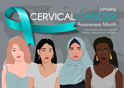 Horizontal Banner for Cervical Cancer Awareness Month. Diverse women, text, and a teal ribbon. Modern flat vector illustration