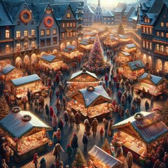 image of a bustling town square transformed into a festive Christmas market