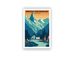 Garmisch-Partenkirchen, Germany. Vintage Travel Posters. Vector art. Famous Tourist Destinations Posters Art Prints Wall Art and Print Set Abstract Travel for Hikers Campers Living Room Decor