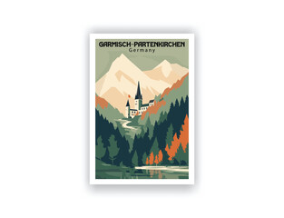 Garmisch-Partenkirchen, Germany. Vintage Travel Posters. Vector art. Famous Tourist Destinations Posters Art Prints Wall Art and Print Set Abstract Travel for Hikers Campers Living Room Decor