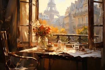 Painting with expressive lines of a room where the sun enters through a window and you can see Paris, against the window you can see a table with a vase full of colorful flowers and a chair. 