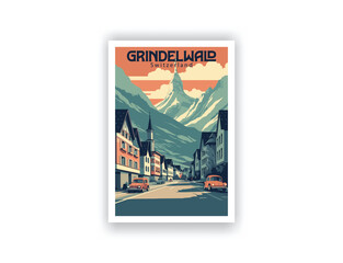 Grindelwald, Switzerland. Vintage Travel Posters. Vector art. Famous Tourist Destinations Posters Art Prints Wall Art and Print Set Abstract Travel for Hikers Campers Living Room Decor