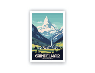 Grindelwald, Switzerland. Vintage Travel Posters. Vector art. Famous Tourist Destinations Posters Art Prints Wall Art and Print Set Abstract Travel for Hikers Campers Living Room Decor