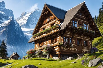 Fototapeta premium Swiss cottage, a fairytale house nestled in the magical atmosphere of the Swiss Alps