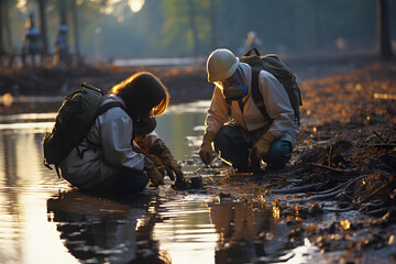 Scientists analyzing water samples, polluted river.
