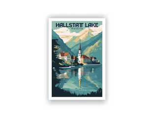 Hallstatt Lake, Austria. Vintage Travel Posters. Vector art. Famous Tourist Destinations Posters Art Prints Wall Art and Print Set Abstract Travel for Hikers Campers Living Room Decor